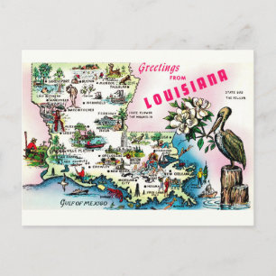 Cartão Postal Mapa da Louisiana em Postcard Antigo