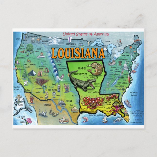 Cartão Postal Mapa da Louisiana USA (Frente)