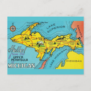 Cartão Postal Mapa da Península de Michigan 16x24