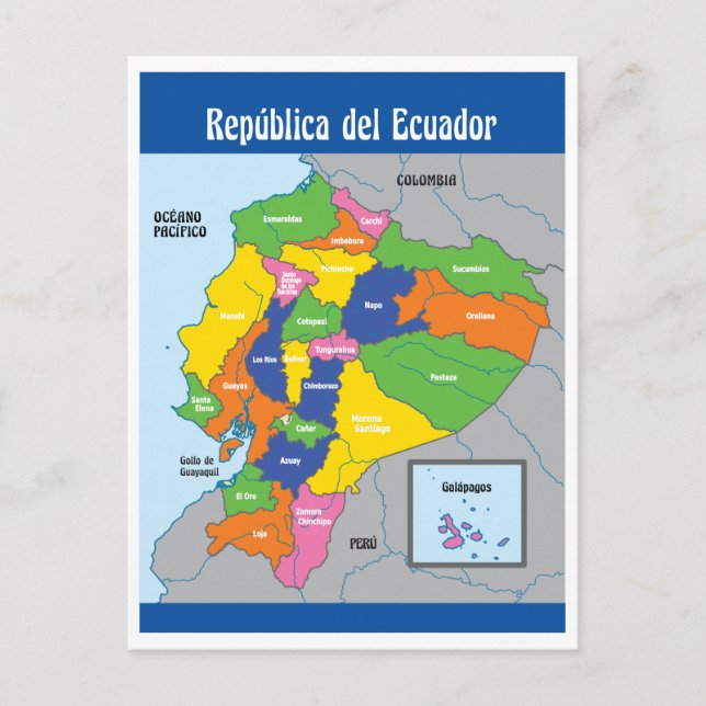Cartão Postal Mapa da República do Equador América do Sul (Frente)