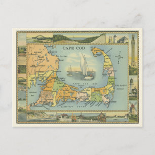 Cartão Postal Mapa da Vintage em Cape Cod, Massachusetts