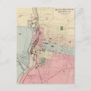 Cartão Postal Mapa da Vintage em Manchester New Hampshire (1877)