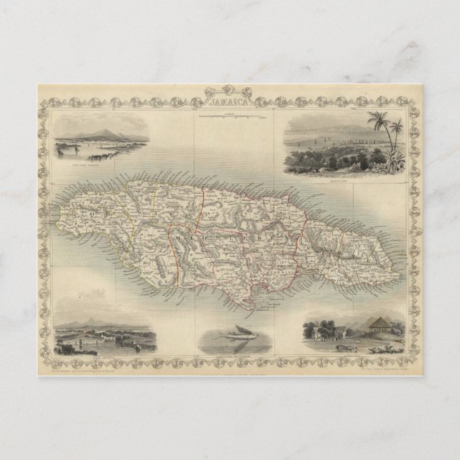 Cartão Postal Mapa da Vintage na Jamaica (1851) (Frente)
