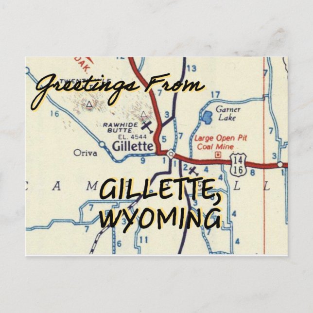 Cartão Postal Mapa da Vintagem de Gillette Wyoming (Frente)
