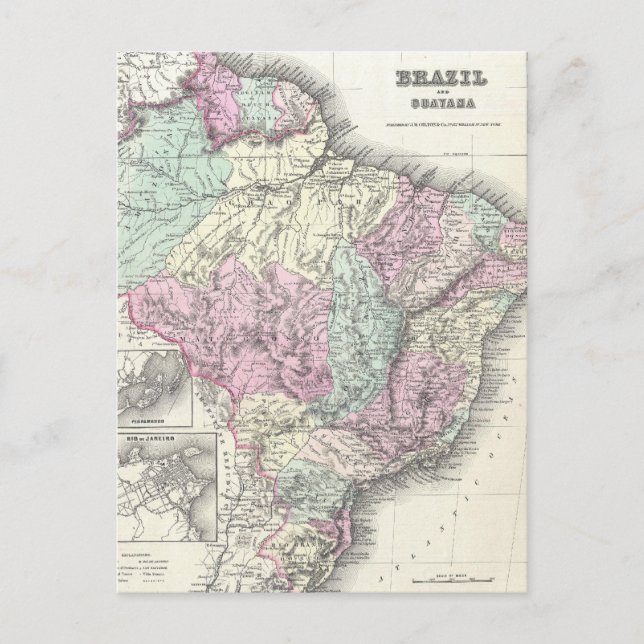 Cartão Postal Mapa da Vintagem do Brasil (1855) (Frente)