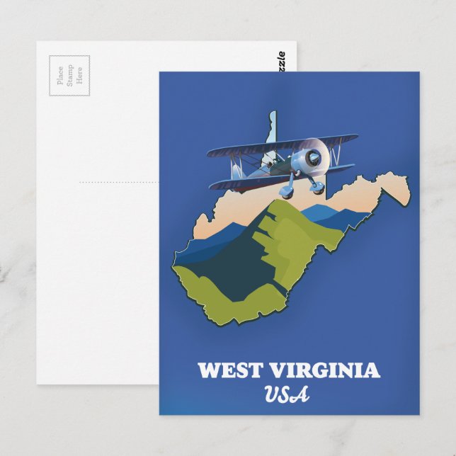 Cartão Postal Mapa da Virgínia Ocidental EUA (Frente/Verso)