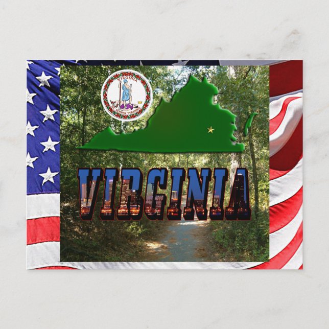 Cartão Postal Mapa da Virgínia, Selo do Estado, Texto de Imagem (Frente)