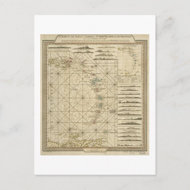 Cartão Postal Mapa das Antilhas das Ilhas Virgens Caribes de Cha (Frente)