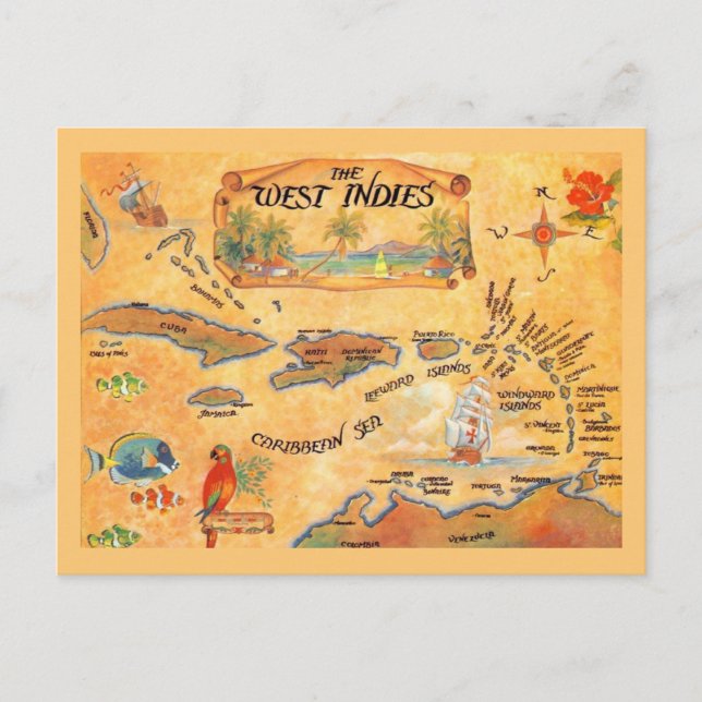 Cartão Postal Mapa das Ilhas Caribes do Oeste pode arrefecer (Frente)