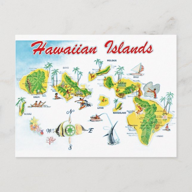 Cartão Postal Mapa das Ilhas Havaianas (Frente)