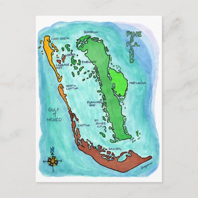 Cartão Postal Mapa das Ilhas Pine Island Sanibel Captiva Florida (Frente)