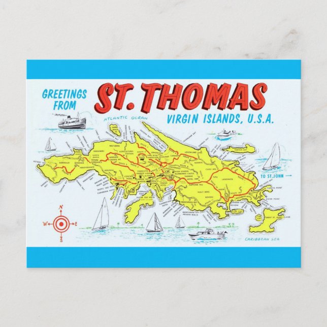 Cartão Postal Mapa das Ilhas Virgens de St. Thomas (Frente)