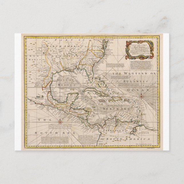 Cartão Postal Mapa das Índias Ocidentais em 1720 por Emanuel Bow (Frente)