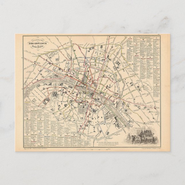 Cartão Postal Mapa de 1858: Itinéraire des Omnibus dans Paris Fr (Frente)