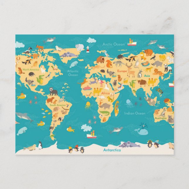 Cartão Postal Mapa de Animais do Mundo para Crianças (Frente)