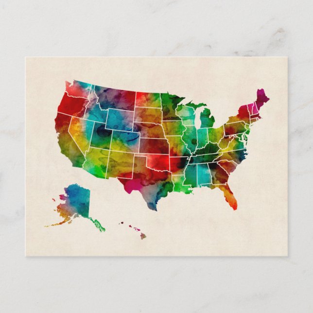 Cartão Postal Mapa de Aquarela dos Estados Unidos (Frente)