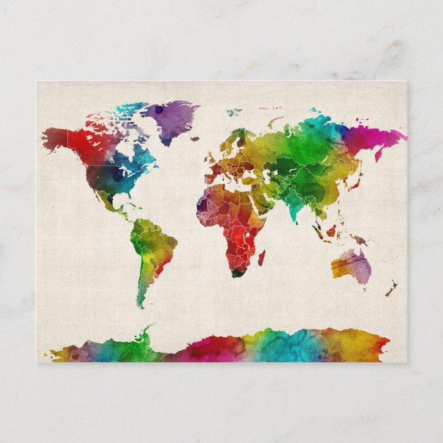 Cartão Postal Mapa de Aquarelas do Mapa Mundial (Frente)