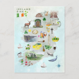 Cartão Postal Mapa de Aquarelas Ilustrado da Arte da Irlanda