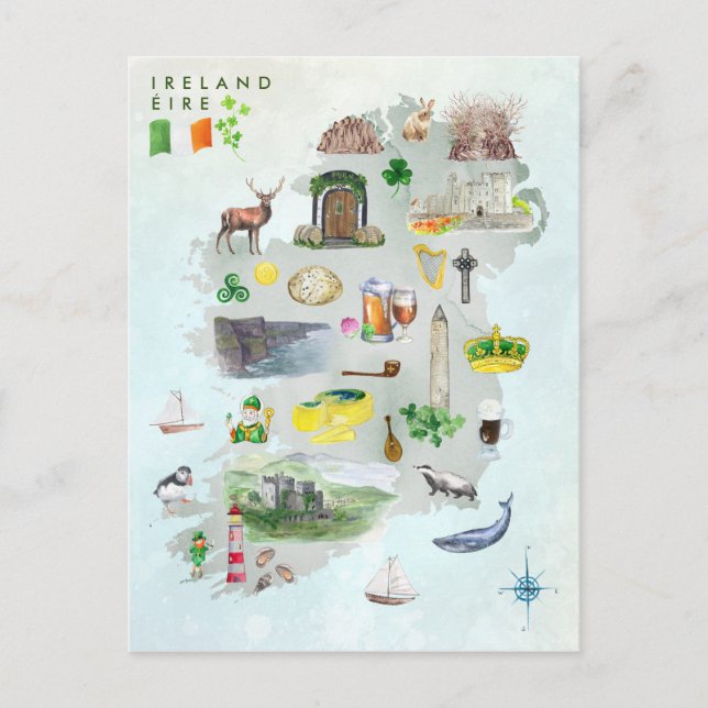 Cartão Postal Mapa de Aquarelas Ilustrado da Arte da Irlanda (Frente)