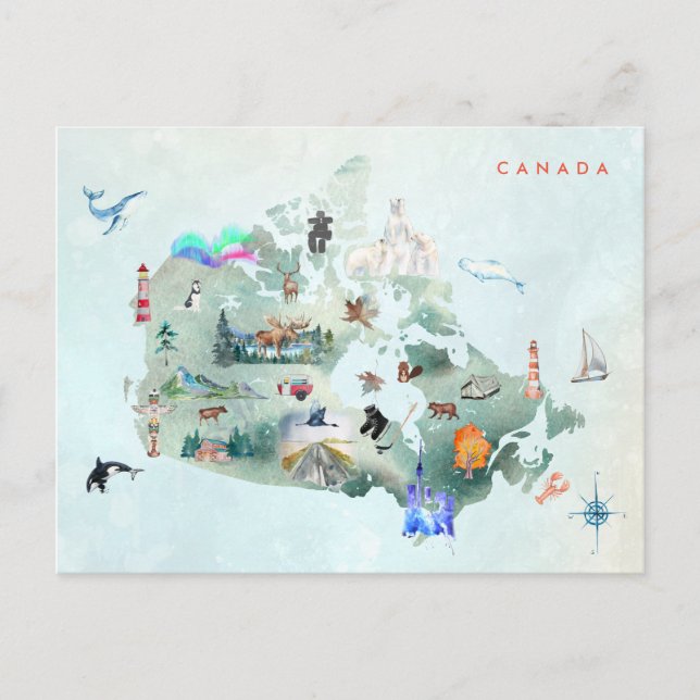 Cartão Postal Mapa de Aquarelas Ilustrado de Arte do Canadá (Frente)