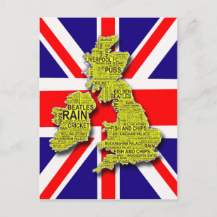 Cartão Postal Mapa de arte das Ilhas Britânicas contra Union Ja