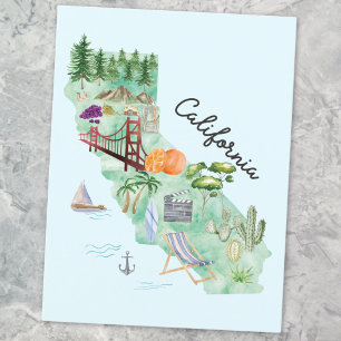 Cartão Postal Mapa de Arte do Estado da Califórnia em Aquarela