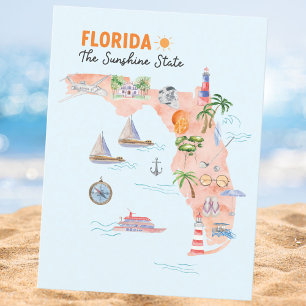 Cartão Postal Mapa de Arte do Estado da Flórida em Aquarela