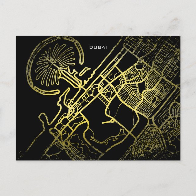 Cartão Postal Mapa de Arte do Estilo Dourado do Dubai (Frente)