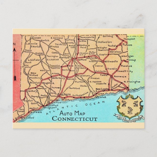 Cartão Postal Mapa de Automóveis de Connecticut Postcard (Frente)