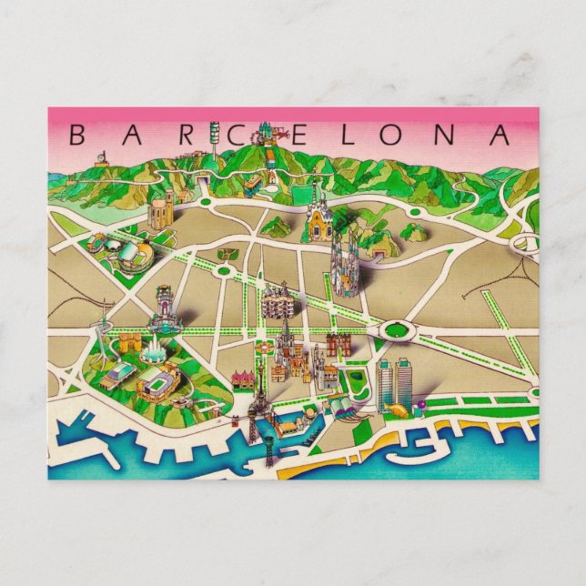 Cartão Postal Mapa de Barcelona Espanha (Frente)