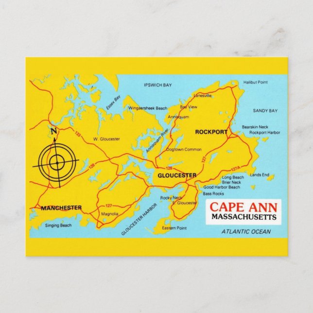 Cartão Postal Mapa de Cape Ann Massachusetts (Frente)