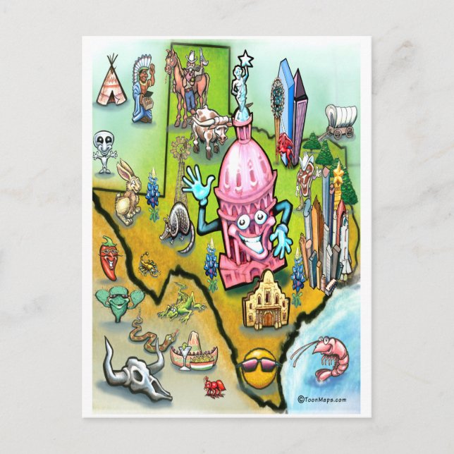 Cartão Postal Mapa de Cartoons de Austin Texas (Frente)