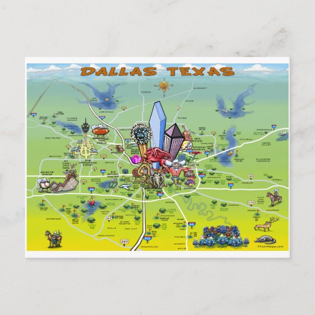 Cartão Postal Mapa de Cartoons de Dallas Texas (Frente)