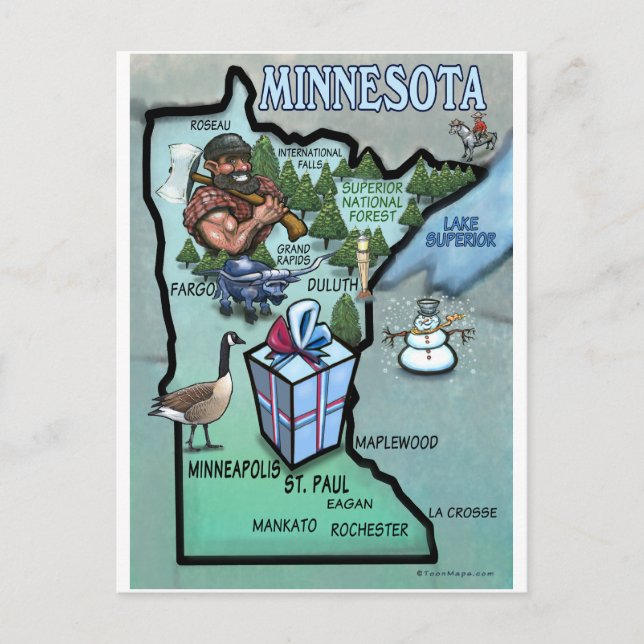 Cartão Postal Mapa de Cartoons de Minnesota (Frente)