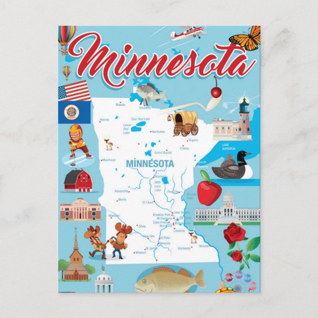 Cartão Postal Mapa de Cartoons de Minnesota (Frente)