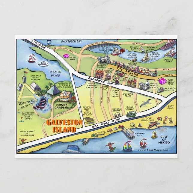 Cartão Postal Mapa de Cartoons do Galveston Texas (Frente)