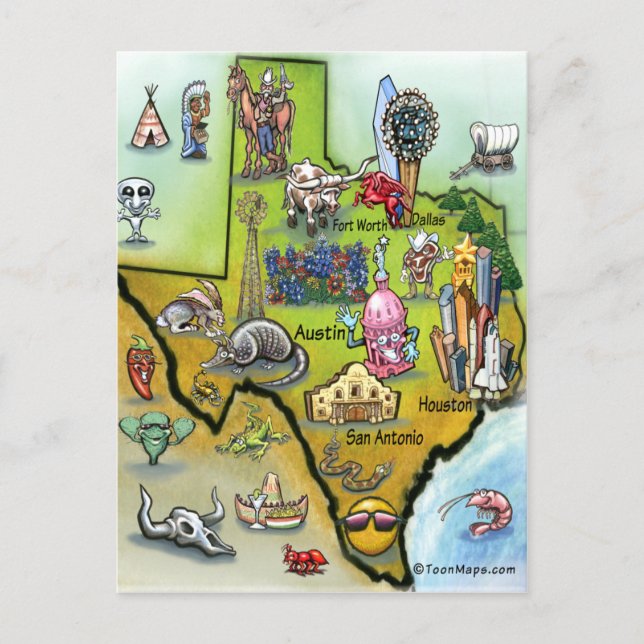 Cartão Postal Mapa de Cartoons do Texas (Frente)