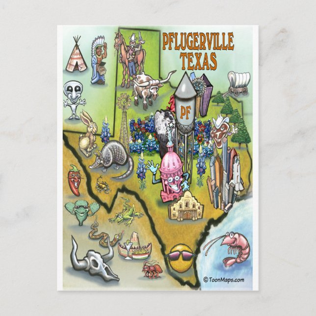 Cartão Postal Mapa de Cartoons do Texas em Pflugerville (Frente)