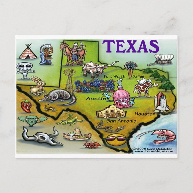 Cartão Postal Mapa de Cartoons TEXAS (Frente)