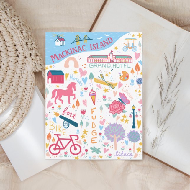 Cartão Postal Mapa de Coisas Favoritas da Ilha Mackinac Michigan (Criador carregado)