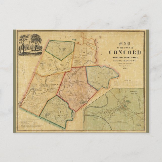 Cartão Postal Mapa de Concord Massachusetts (1852) (Frente)