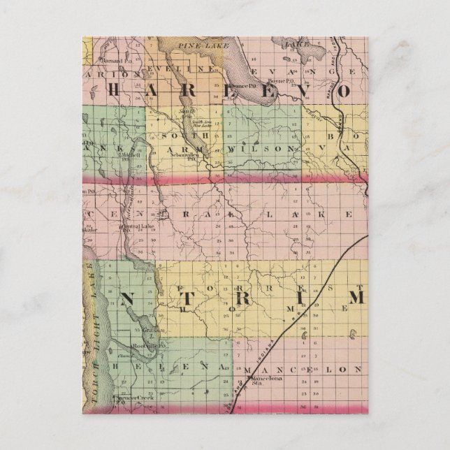 Cartão Postal Mapa de Condados Charlevoix e Antrim, Michigan (Frente)