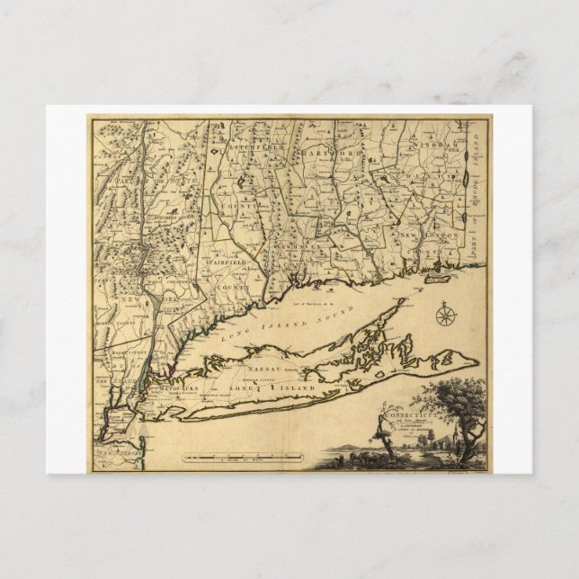 Cartão Postal Mapa de Connecticut e Peças Adjacentes (1780) (Frente)