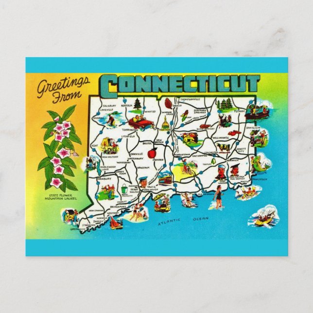 Cartão Postal Mapa de Connecticut em Postal (Frente)