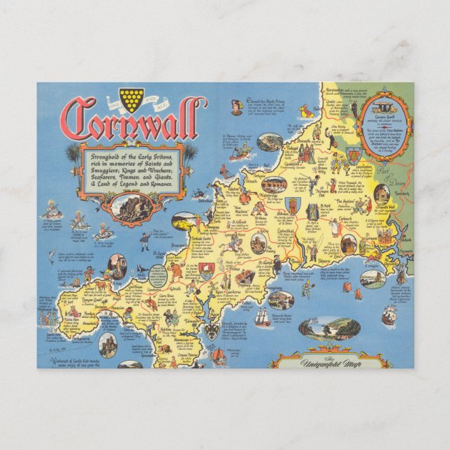 Cartão Postal Mapa de Cornwall, Inglaterra (Frente)
