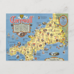Cartão Postal Mapa de Cornwall, Inglaterra