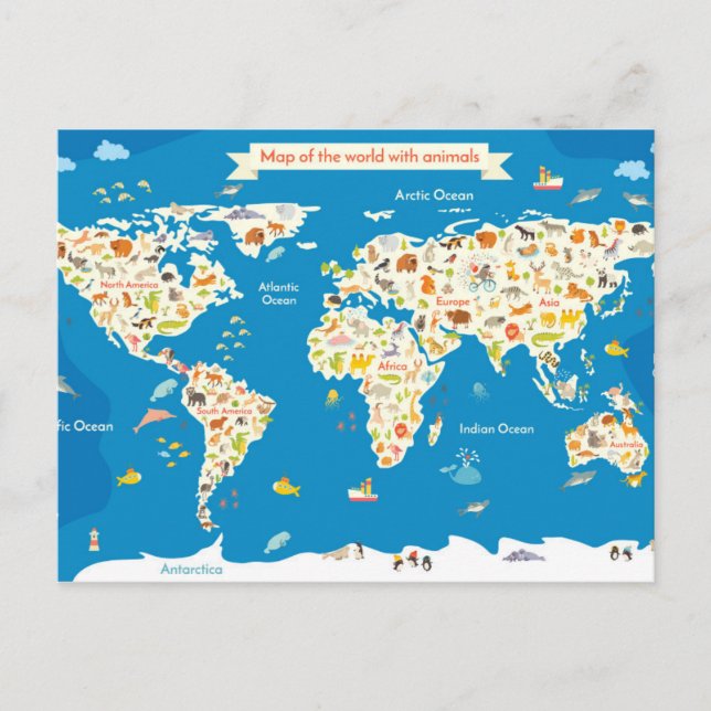 Cartão Postal Mapa de Crianças do Mundo com Animais (Frente)