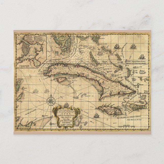 Cartão Postal Mapa de Cuba e dos mares circundantes (1762) (Frente)
