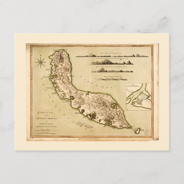 Cartão Postal Mapa de Curaçau, Antilhas Menores (1794) (Frente)