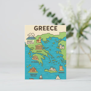 Cartão Postal Mapa de desenho animado da Grécia – Pontos turísti